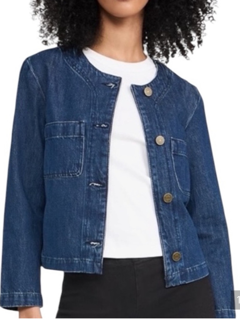FRAME Collarless Denim Jacket Dark Wash Gold Button Patch Pocket Medium